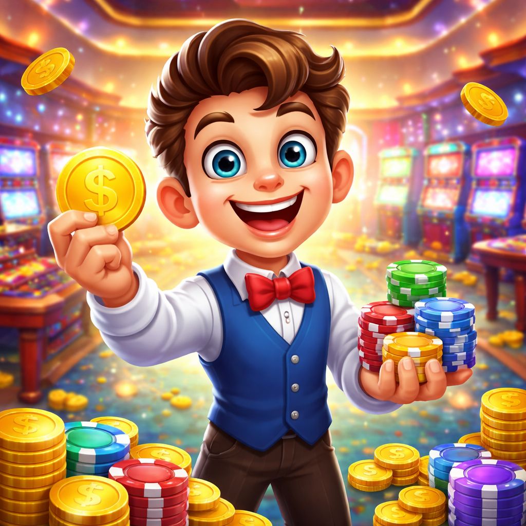 mv4444 themed cartoon casino characters with chips and coins