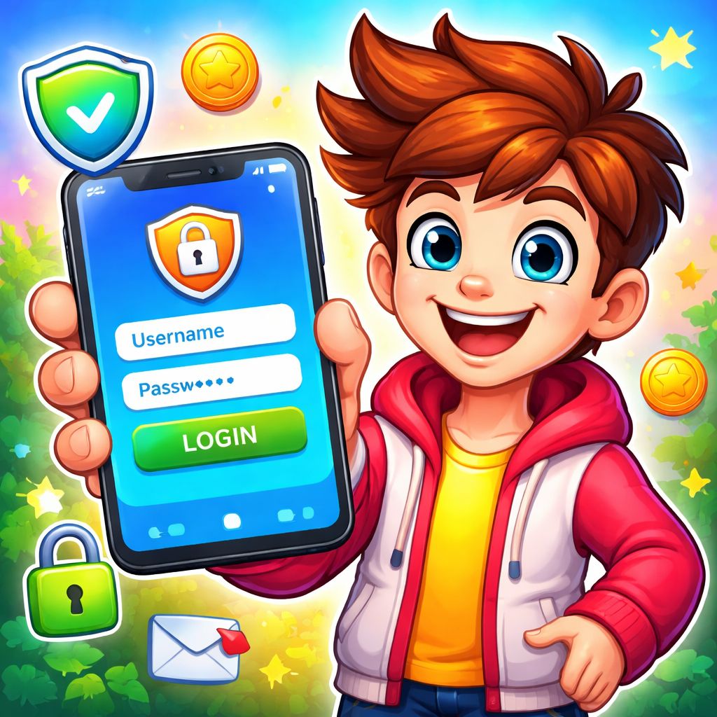 Cartoon character using a smartphone login screen with bright secure app elements